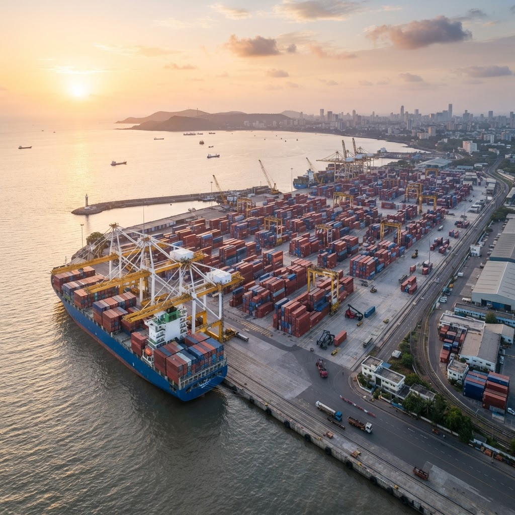 Container port and cargo ship representing global export logistics